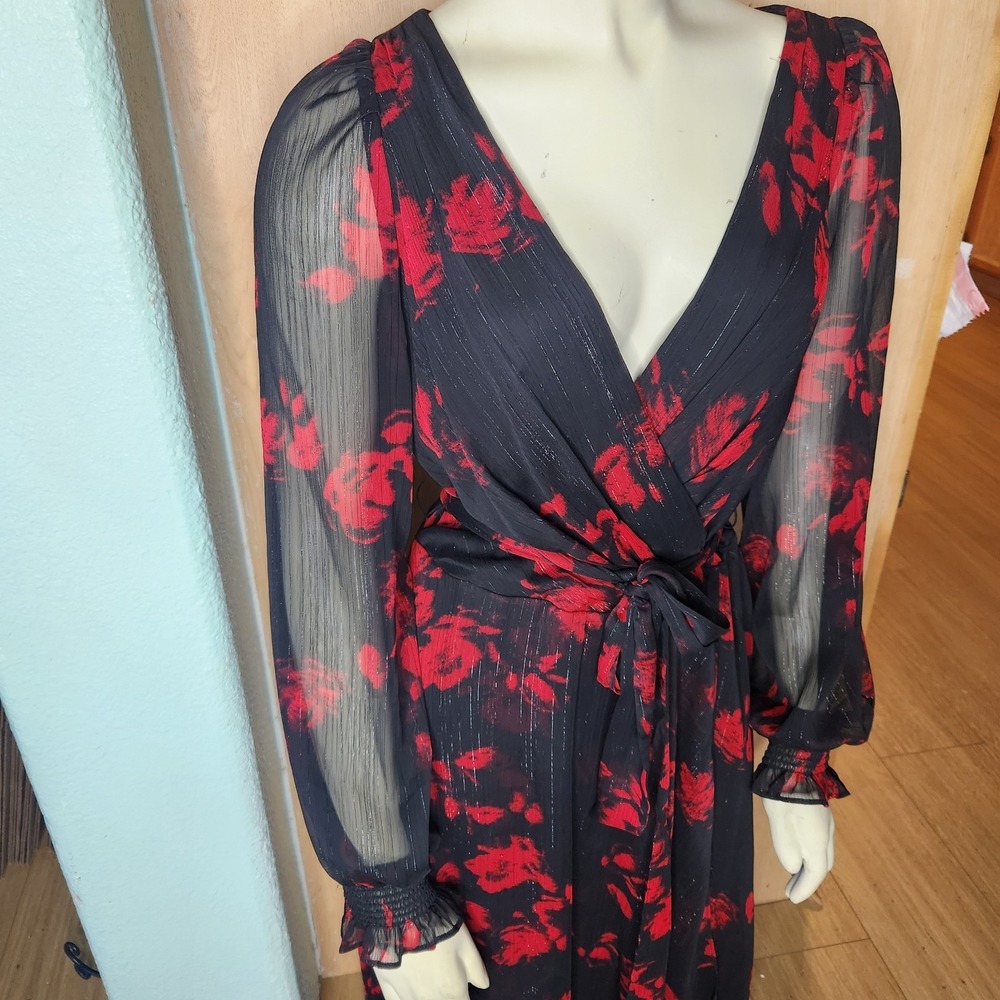 DKNY Black Red Floral Chiffon Wrap Dress V Neck Puff Sleeve Sz 6 Dark Romantic - Picture 8 of 11